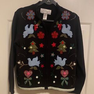 Christmas Embroidered Patchwork Black Cardigan Sweater